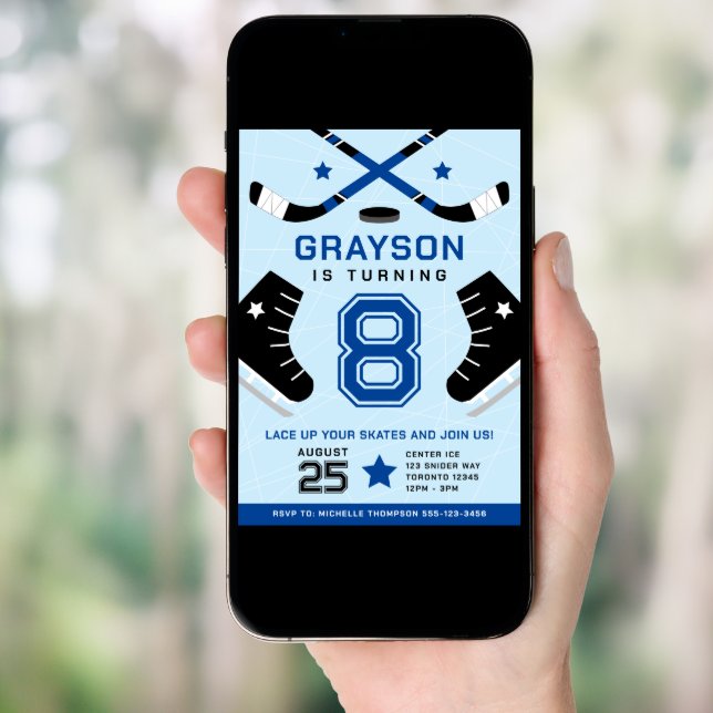 Ice Hockey Kids Birthday Party Blue Invitation (Front Digital)