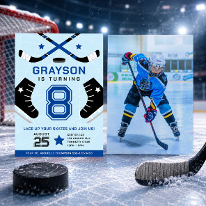 Ice Hockey Kids Birthday Party Blue Invitation