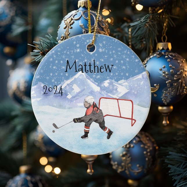 Ice Hockey name Personalized Watercolor   Ceramic Ornament (Creator Uploaded)