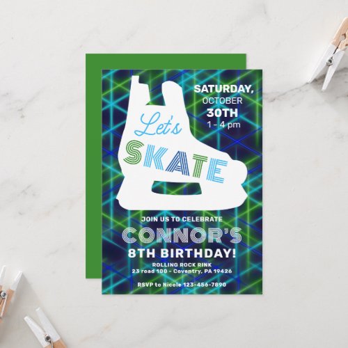 Ice Hockey Neon Glow Boys Birthday Party Invitation