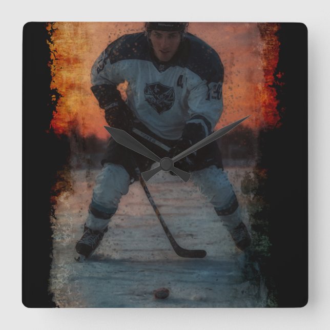 Ice Hockey Player at Sunset Square Wall Clock (Front)