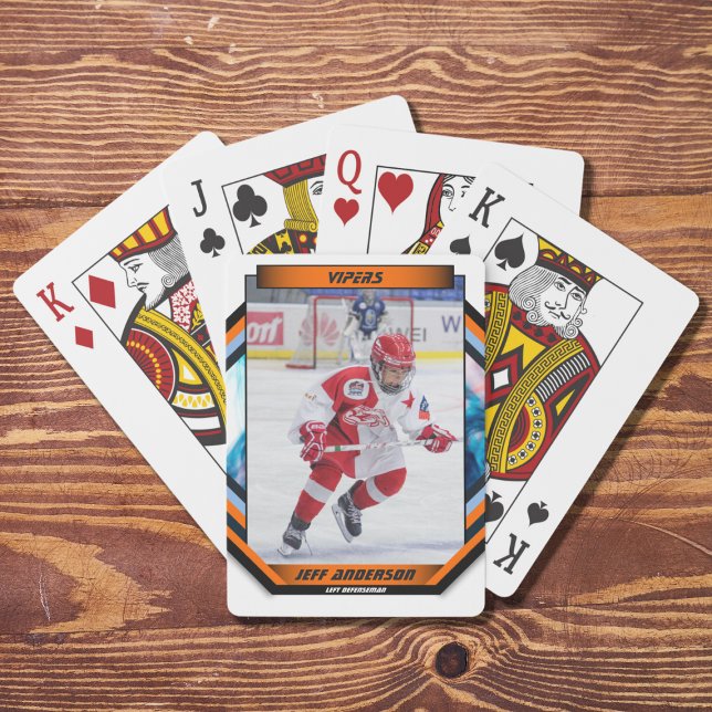 Ice Hockey Player Keepsake On Cool Orange Custom Poker Cards (Capture the excitement of the ice hockey sport with this dynamic and customizable orange,blue design)