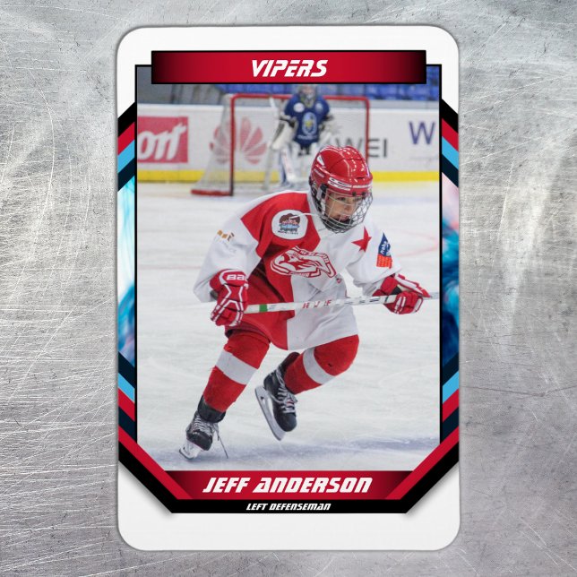 Ice Hockey Player Keepsake On Cool Red Custom Magnet (Ice Hockey Trading Card Magnet: Futuristic design, dynamic action. Perfect for young fans! )