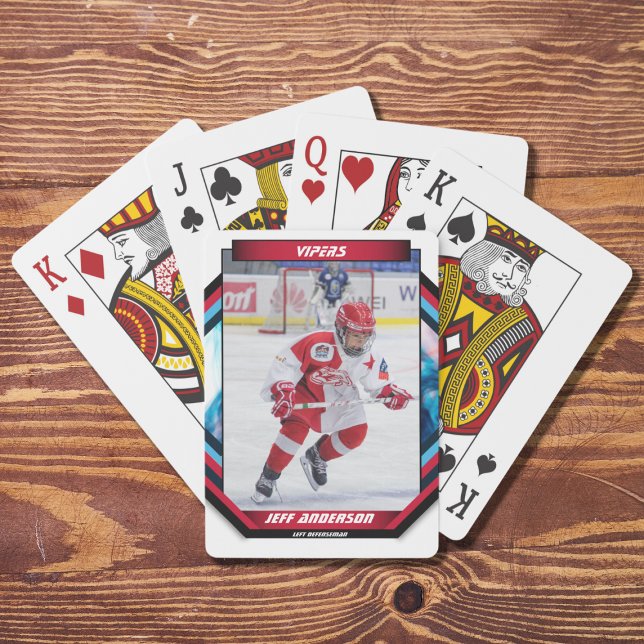 Ice Hockey Player Keepsake On Cool Red Custom Poker Cards (Capture the excitement of the ice hockey sport with this dynamic and customizable red,black cards)