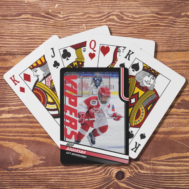 Ice Hockey Player Keepsake On Dynamic Red Poker Cards (Preserve ice hockey memories with bold red and black playing cards. Great souvenir or gift idea!)
