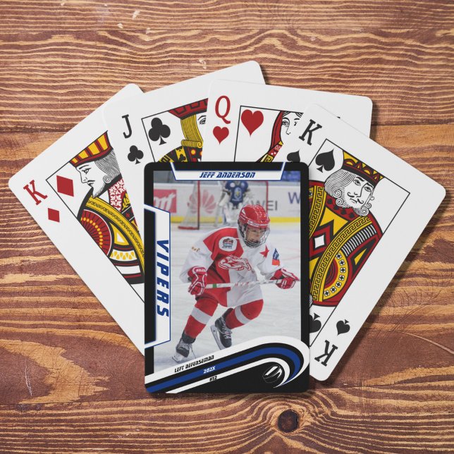 Ice Hockey Player Keepsake On Lively Blue Custom Poker Cards (Capture ice hockey memories with dynamic blue playing cards. Perfect souvenir or gift idea!)