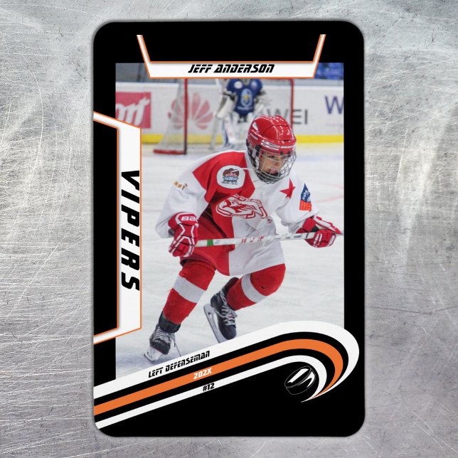 Ice Hockey Player Keepsake On Lively Orange Black Magnet (Ice Hockey: Vibrant orange jersey magnet featuring customizable player image, logo, and number.)