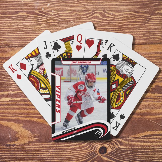 Ice Hockey Player Keepsake On Lively Red Custom Poker Cards (Red playing cards capturing ice hockey memories. Ideal souvenir or gift for fans!)