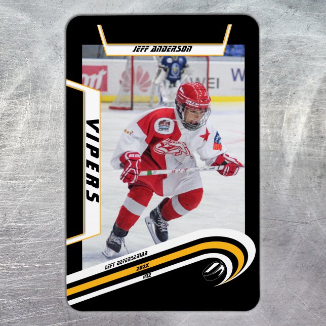 Ice Hockey Player Keepsake On Lively Yellow Black Magnet (Ice Hockey: Stand out with this yellow jersey magnet featuring customizable player image, logo!)