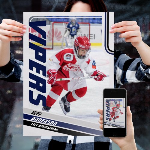 Ice Hockey Player On Customizable Blue Poster