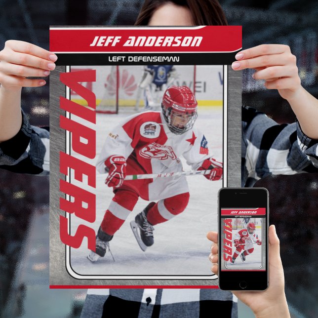 Ice Hockey Player On Customizable Red Metal Poster (Proudly share youre kids' achievements with this red black and metal Poster)
