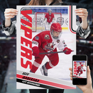 Ice Hockey Player On Customizable Red Poster
