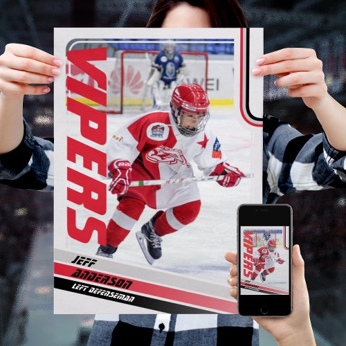 Ice Hockey Player On Customizable Red Poster