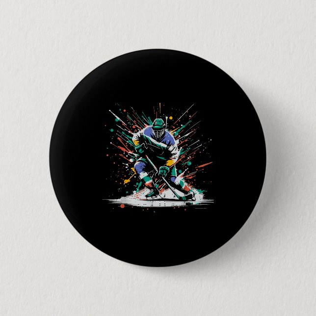 Ice Hockey Player Paint Splatter Art Srts Men Boys Button (Front)