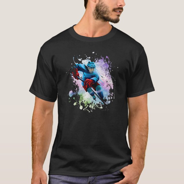 Ice Hockey Player Sport Modern Splash Splatter T-Shirt (Front)