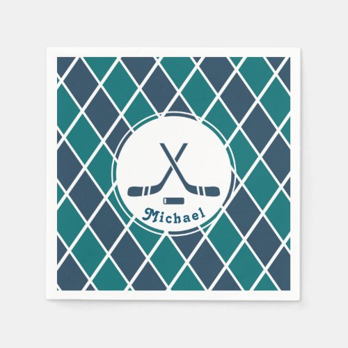 Ice Hockey Pucks Personalized Striped Blue  Green Napkins