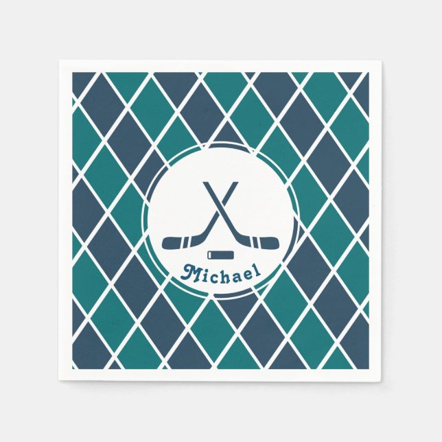 Ice Hockey Pucks Personalized Striped Blue & Green Napkins (Front)