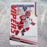 Ice Hockey Red Trading Card Magnet<br><div class="desc">Parents of little league ice hockey players can proudly share their kids' accomplishments on the field with these customizable trading cards kitchen magnet. The photo can be changed to feature your own little leaguer. Almost all text can be edited, including position.Ideal to give to friends and relatives and also so...</div>