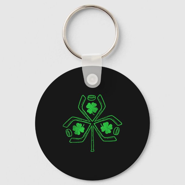 Ice Hockey Shamrock Clover St Patricks Day Player  Keychain (Front)