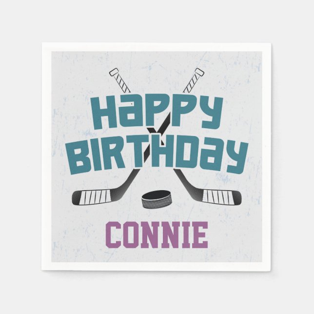 Ice Hockey Skate Rink Purple Happy Birthday Napkins (Front)