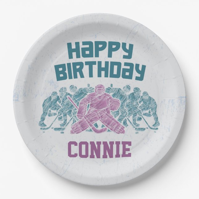 Ice Hockey Skate Rink Purple Happy Birthday Paper Plates (Front)