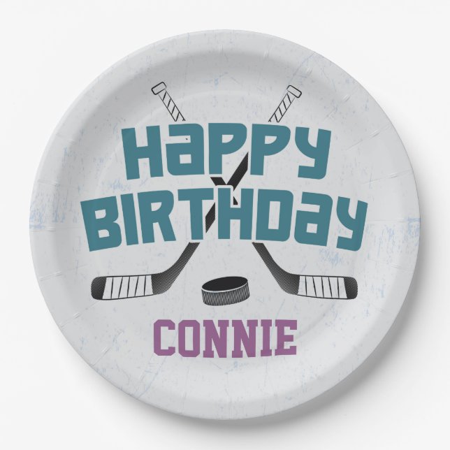Ice Hockey Skate Rink Purple Happy Birthday Paper Plates (Front)