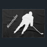 Ice Hockey skate towel player black white<br><div class="desc">Black and white personalized hockey skate towel with hockey player - a useful ice hockey gift considering it is essential to dry out the blades after practice. Color: White on black background. Design: Silhouette of hockey player personalize with the name of the hockey player. Designed by iceskatingpassion.com. Other colors in...</div>