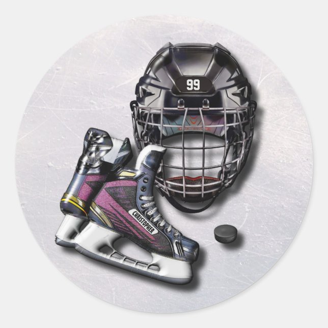 Ice Hockey Skates Helmet Puck With Name And Number Classic Round Sticker (Front)