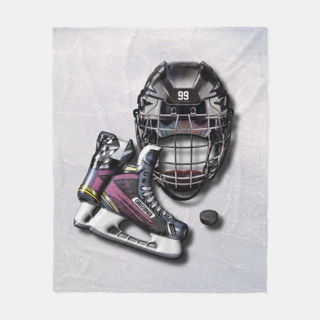 Ice Hockey Skates Helmet Puck With Name And Number Fleece Blanket (Front)