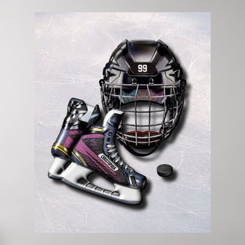 Ice Hockey Skates Helmet Puck With Name And Number Poster