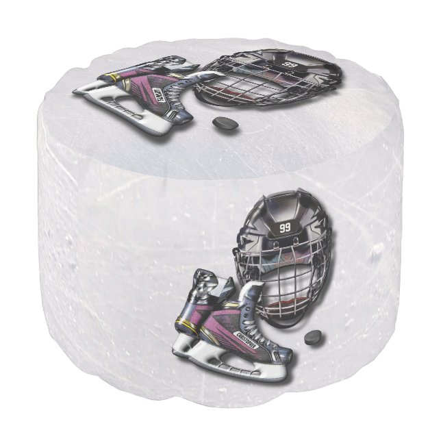 Ice Hockey Skates Helmet Puck With Name And Number Pouf (Angled Back)