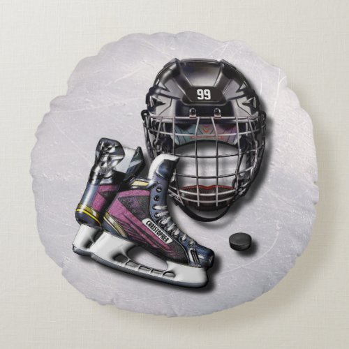 Ice Hockey Skates Helmet Puck With Name And Number Round Pillow