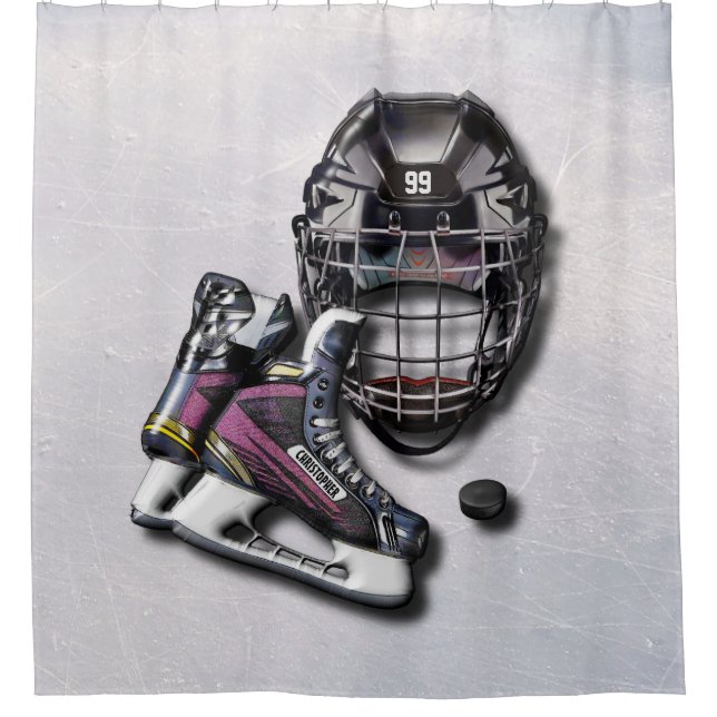 Ice Hockey Skates Helmet Puck With Name And Number Shower Curtain (Front)