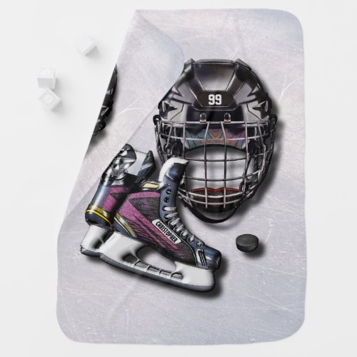 Ice Hockey Skates Helmet Puck With Name And Number Swaddle Blanket