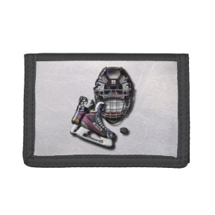 Ice Hockey Skates Helmet Puck With Name And Number Trifold Wallet