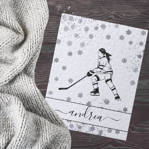 Ice Hockey & Snowflakes Girl Name Personalized Jigsaw Puzzle
