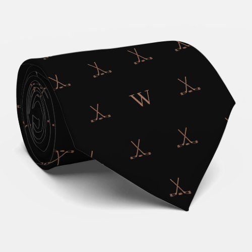 Ice Hockey Sticks Monogram Initials Midnight Black Neck Tie