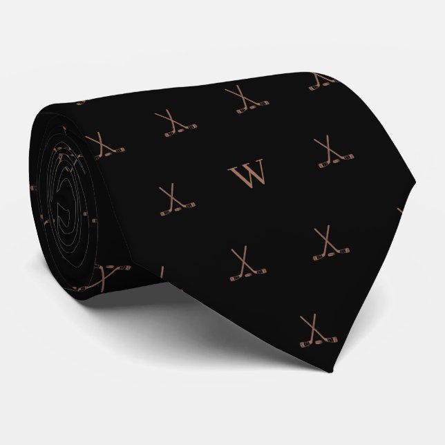 Ice Hockey Sticks Monogram Initials Midnight Black Neck Tie (Rolled)