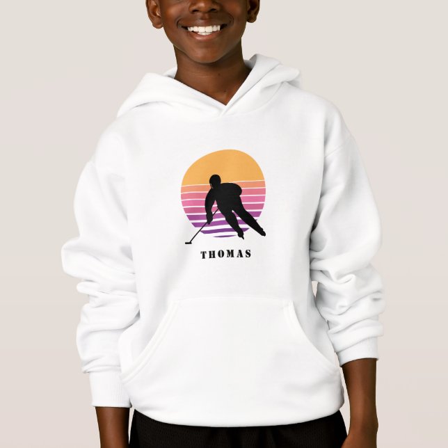 Ice Hockey Team Player Retro Sunset Kid's Name Hoodie (Front)