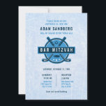 Ice Hockey Theme Bar Mitzvah Invitation<br><div class="desc">This modern and eye-catching Bar Mitzvah invitation is perfect for an event with an Ice Hockey theme. The background mimics an ice arena. A symbol style illustration with hockey sticks and puck decorate the design for an impactful look. A star of David adds a meaningful detail. This theme is perfect...</div>