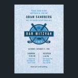 Ice Hockey Theme Bar Mitzvah Invitation<br><div class="desc">This modern and eye-catching Bar Mitzvah invitation is perfect for an event with an Ice Hockey theme. The background mimics an ice arena. A symbol style illustration with hockey sticks and puck decorate the design for an impactful look. A star of David adds a meaningful detail. This theme is perfect...</div>