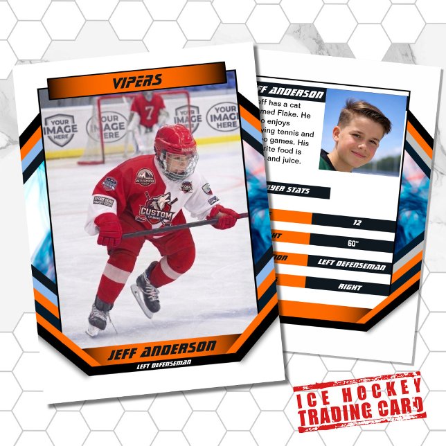 Ice Hockey Trading Card in Cool Orange White (Ice Hockey Trading Card: Futuristic design, vibrant colors. Perfect for young fans! )