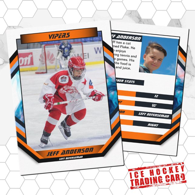 Ice Hockey Trading Card in Cool Orange White (Ice Hockey Trading Card: Futuristic design, vibrant colors. Perfect for young fans! )