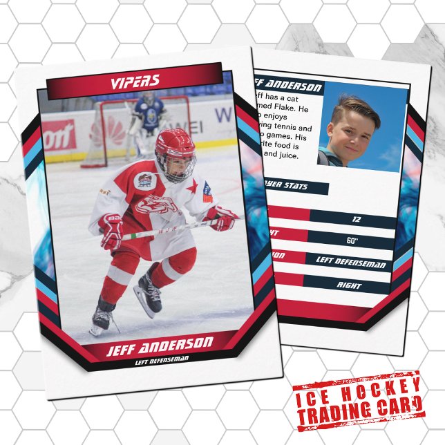 Ice Hockey Trading Card in Cool Red Blue White (Ice Hockey Trading Card: Dynamic design, bold colors. Ideal gift for young hockey fans!)