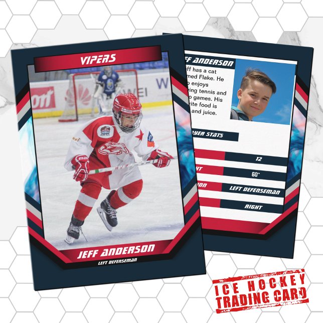 Ice Hockey Trading Card in Cool Red Dark Blue  (Ice Hockey Trading Card: Stylish design, dynamic action. Perfect for kids and fans!)
