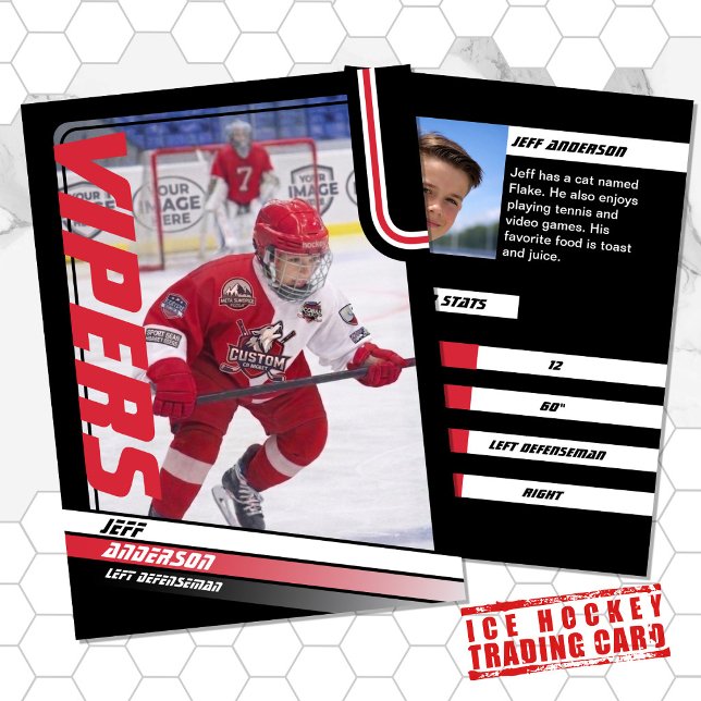 Ice Hockey Trading Card in Dynamic Red Black (Proudly share youre kids' achievements with this red and black card)