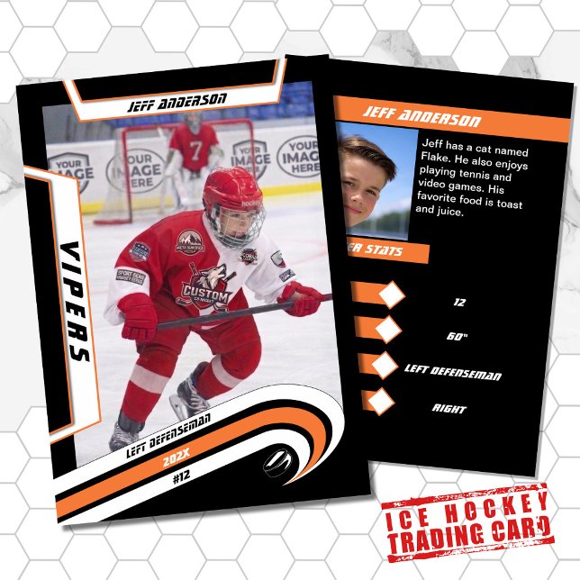 Ice Hockey Trading Card in Lively Orange (Orange zest for young hockey stars! Stylish souvenir, back-to-school coolness. Ideal for your child.)