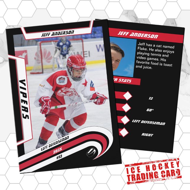 Ice Hockey Trading Card in Lively Red  (Youthful red hockey card ideal for kids in the little league. Stylish souvenir and perfect gift.)
