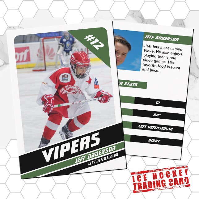Ice Hockey Trading Card in Vigorous Green White (Proudly share youre kids' achievements with this green white and black card)