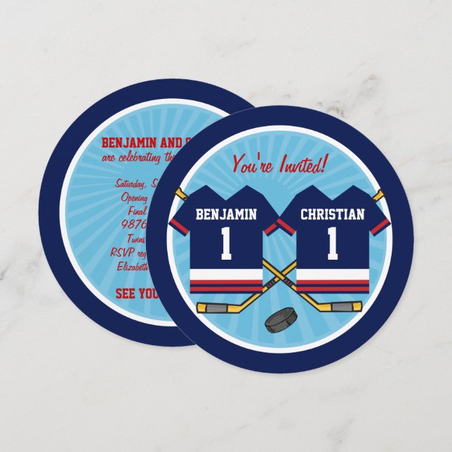 Ice Hockey Twins Jersey 1st Birthday Party Invitation (Front/Back)